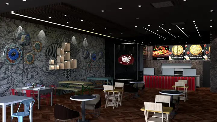 3D view of the cafe counter and booth seating