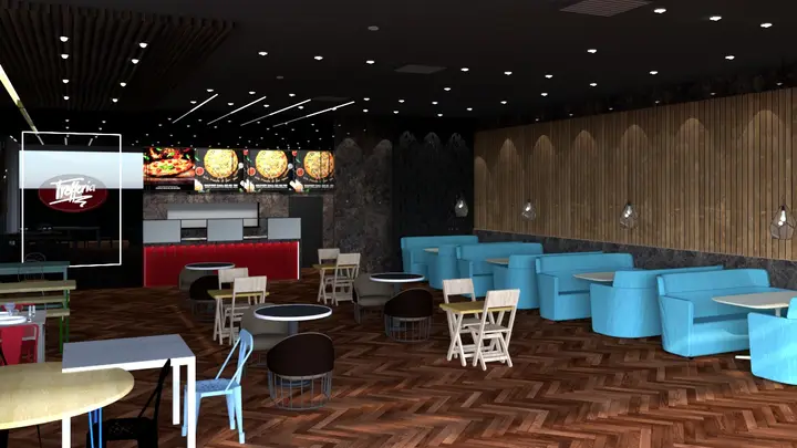 3D view of the cafe with turquoise seating and a timber ceiling