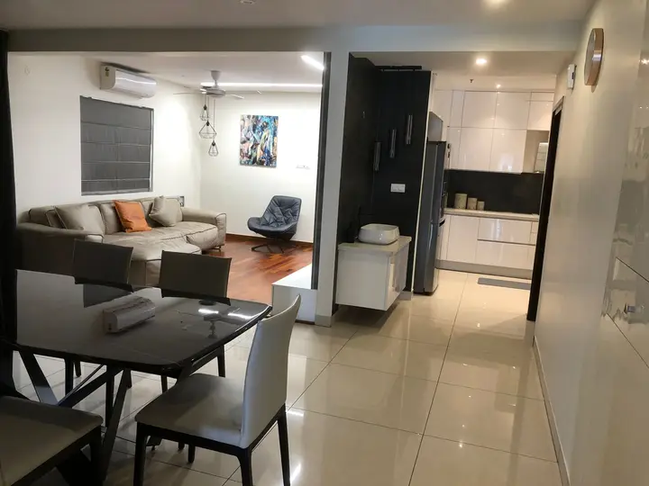 Dining and living area in an open-plan apartment