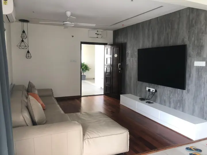 Living room with a timber floor and grey TV wall