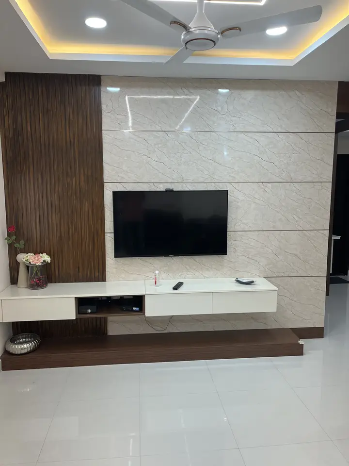 Floating white TV unit with a timber side panel