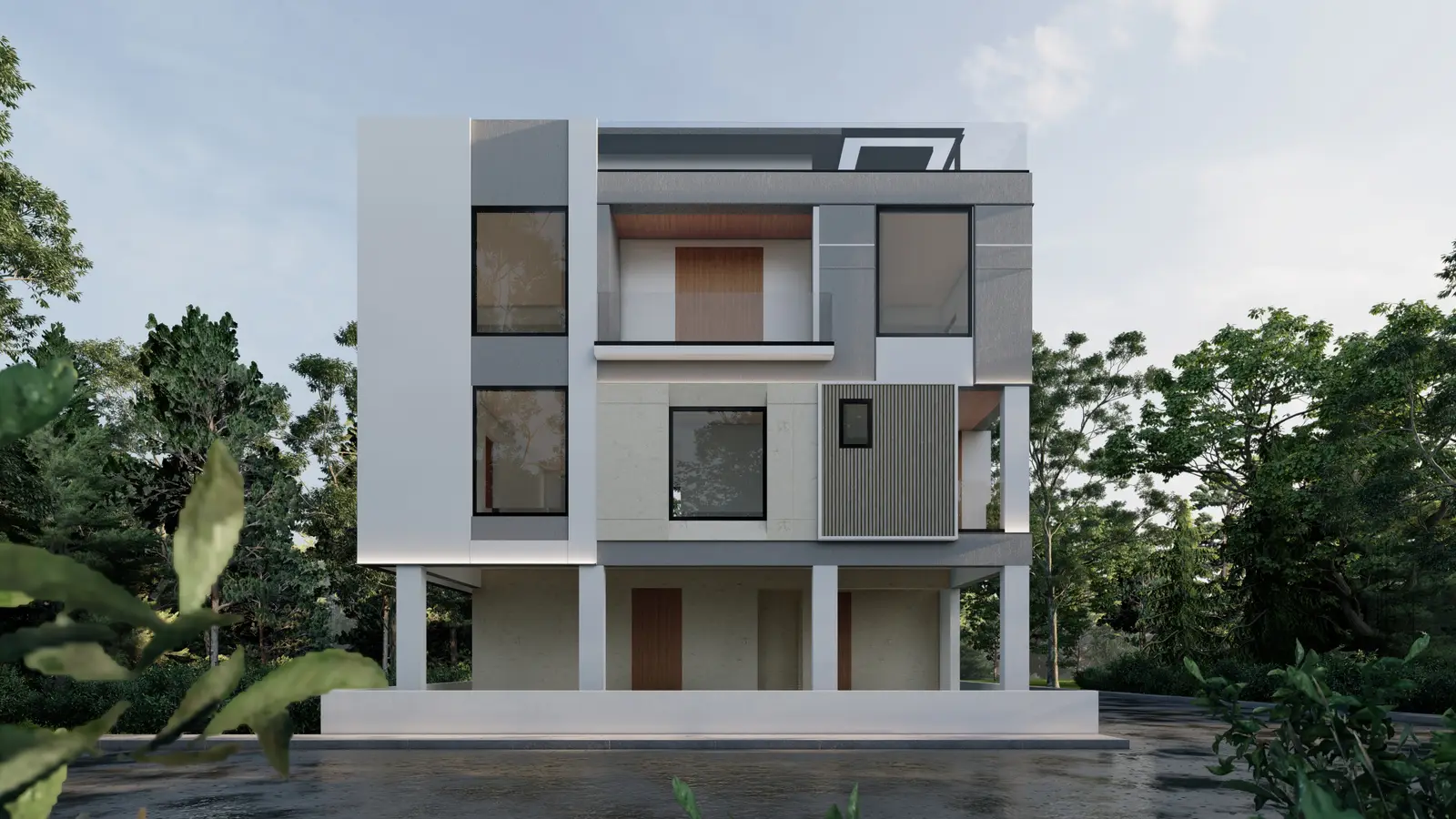 Three-storey house with white screens set among trees