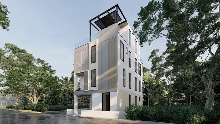 Contemporary house with a white facade among trees