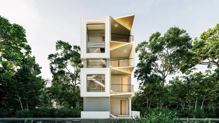 Tall narrow house with timber and white volumes among trees