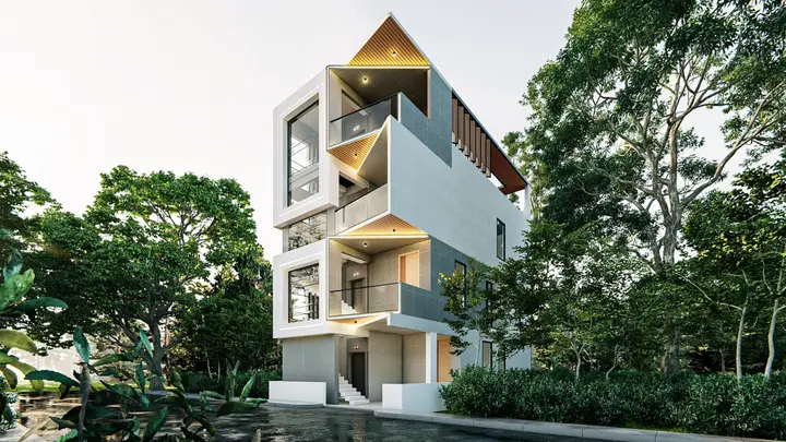 House with stacked balconies and a timber screen