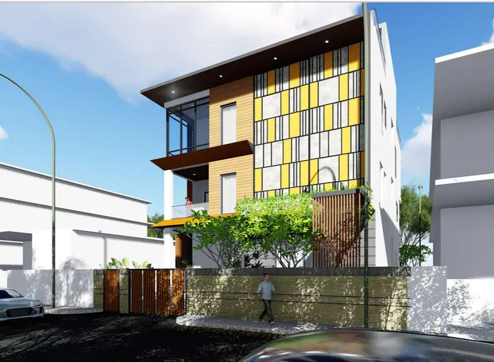 House with a yellow patterned screen and planted terraces