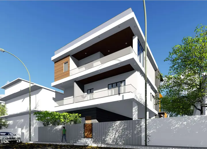 Villa with flat roofs, white frames and timber cladding