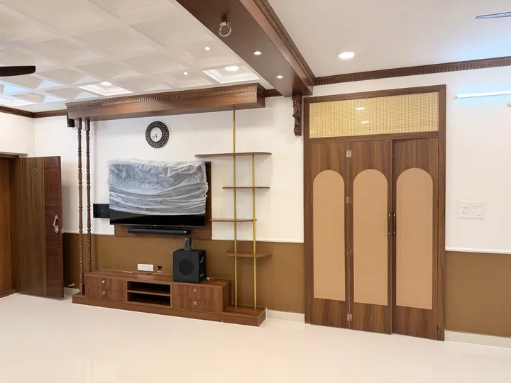 TV wall and wardrobe in a warm timber finish