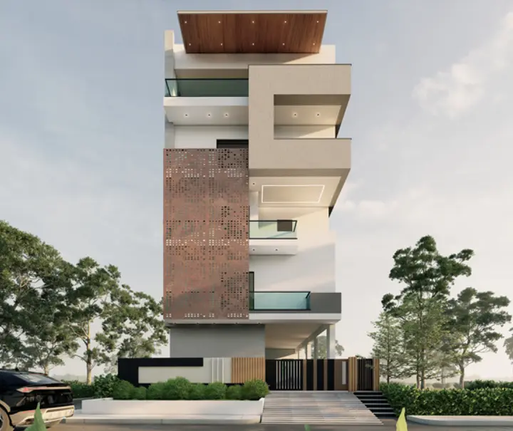 Slim tower with a brick-clad block and timber soffit
