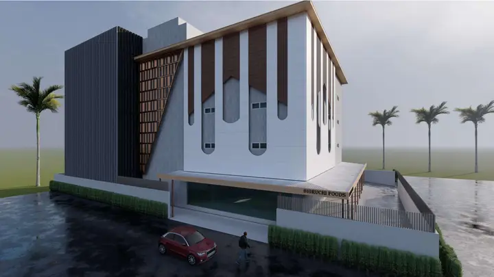 House with vertical timber fins beside a water feature