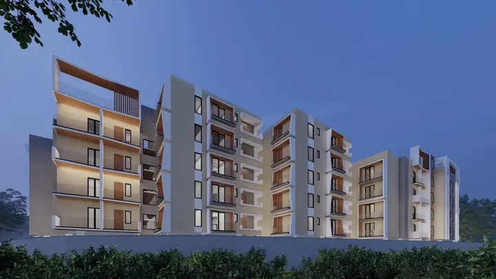 Apartment block at dusk with timber balcony soffits