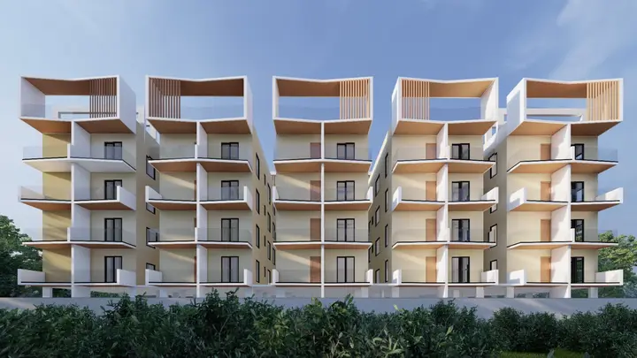 Apartment block with stacked balconies and timber fins