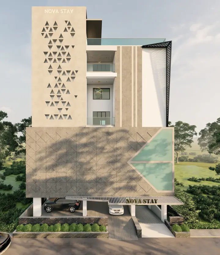 Residential tower with a perforated screen and green terrace