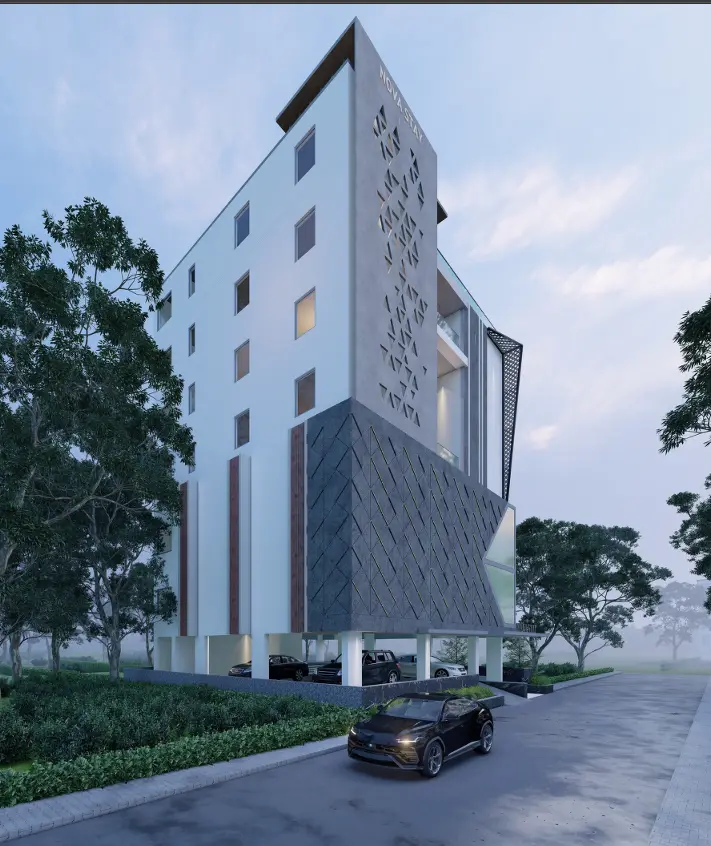 Tower with a grey and white facade and an entrance drive
