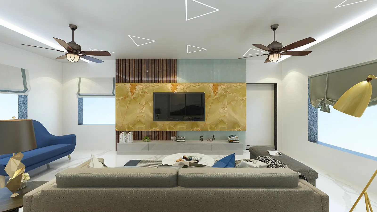 Living room with a gold feature wall and blue sofa