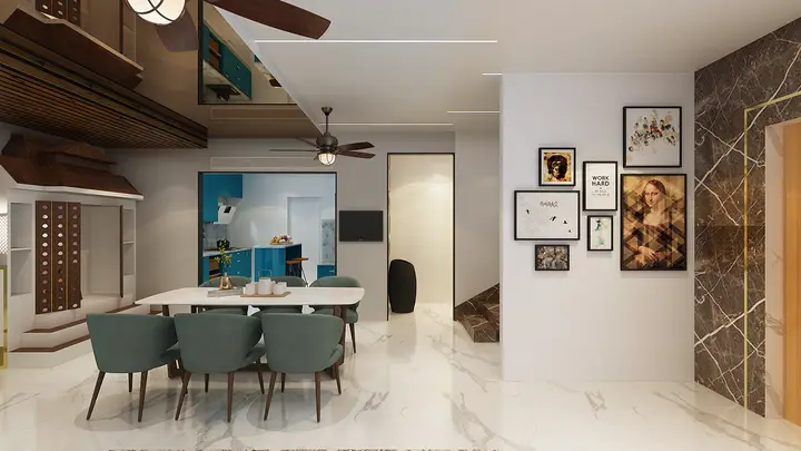 Dining area with a timber ceiling feature and framed art