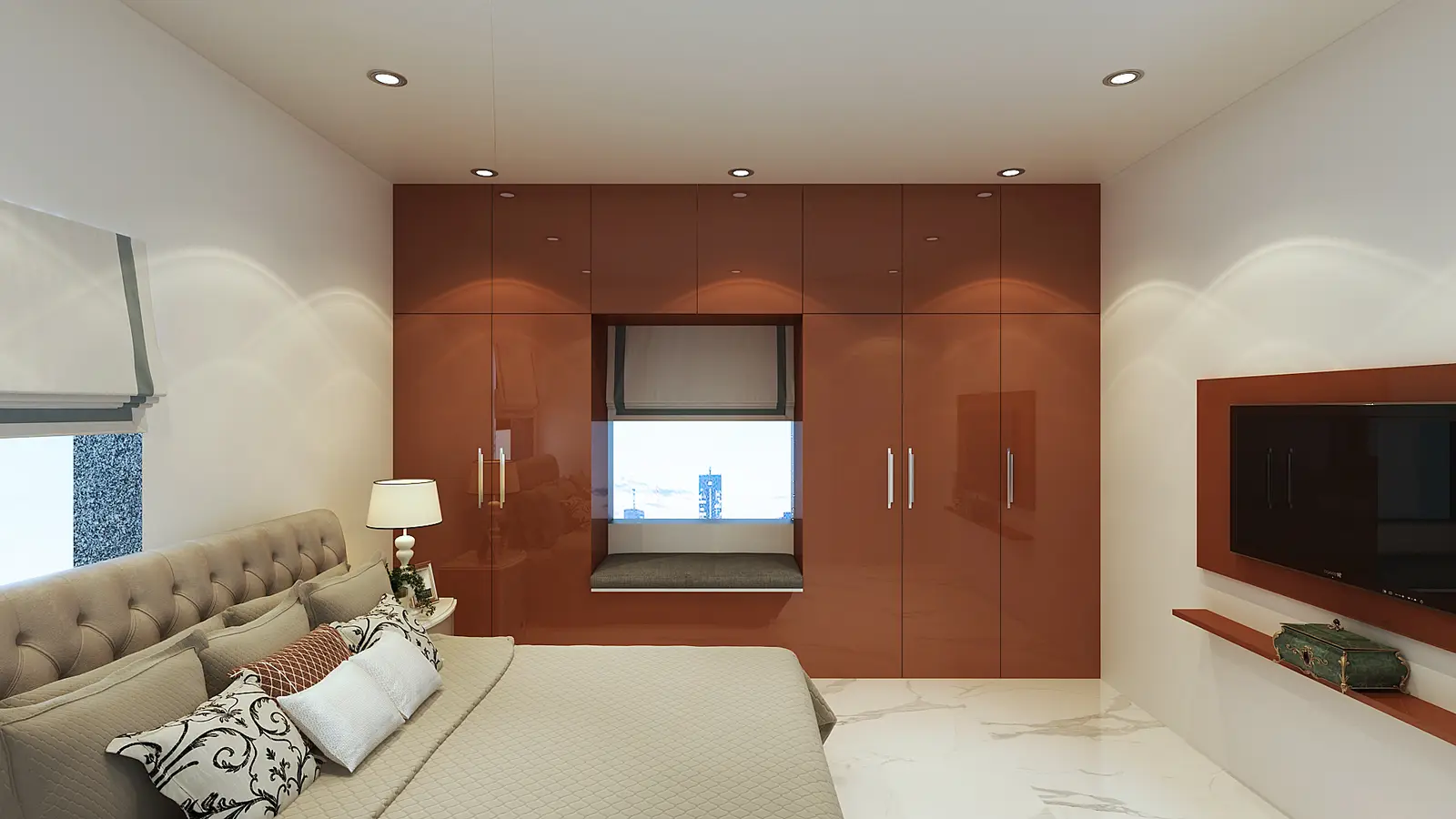 Bedroom with a rust wardrobe wall and tufted bed
