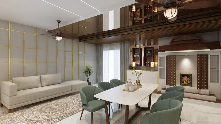 Double-height living room with timber screens and a dining table