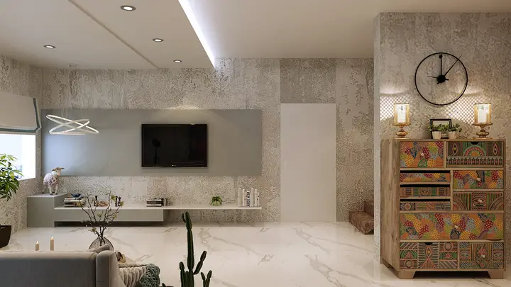 Living room with a grey TV wall and carved timber cabinet