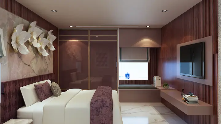 Bedroom with a floral wall feature and wine headboard