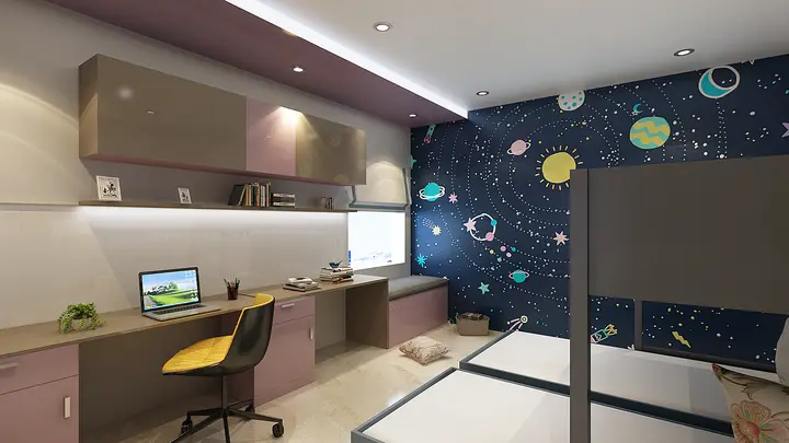 Children's study wall with a space-themed mural