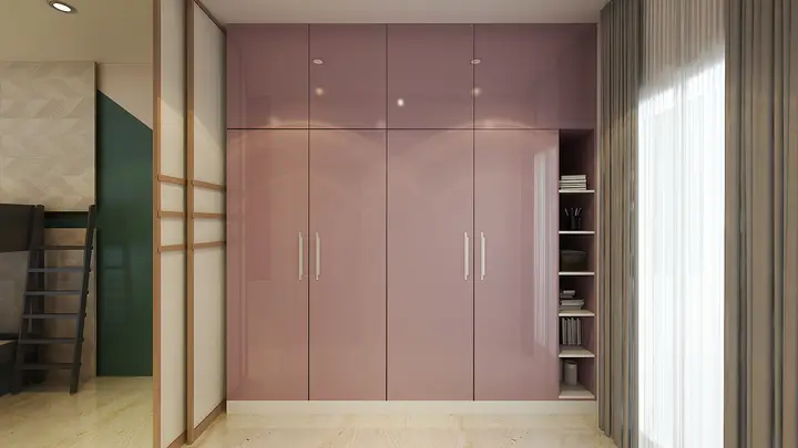 Pink wardrobe wall with a glass partition