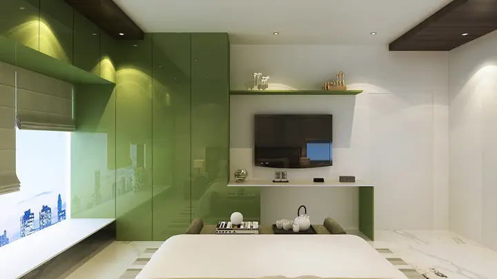 Living room with olive green cabinetry and a TV unit