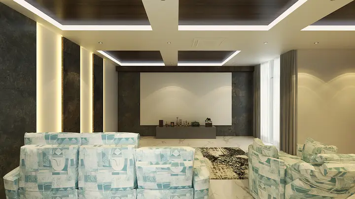 Home theatre with patterned sofas and a coffered ceiling