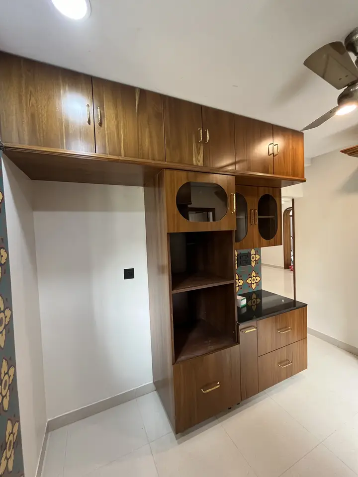 Walnut storage unit with an open niche and drawers